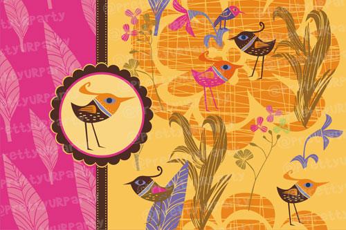 Orange and pink bird Placemats TABLEWARE Pretty UR Party Set of 6 without Coasters