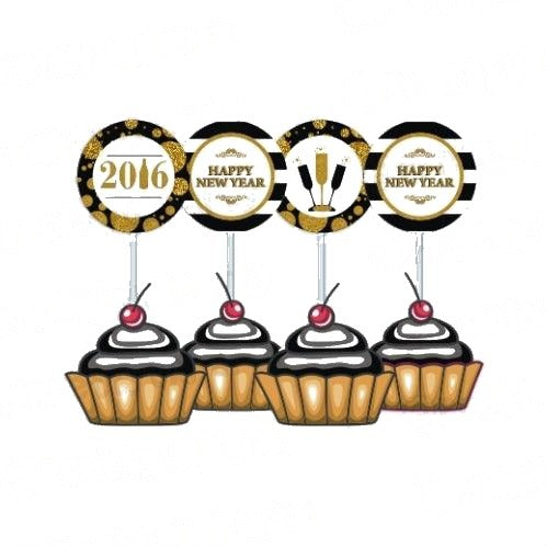 Gold and Black New Year Cupcake / Food Toppers