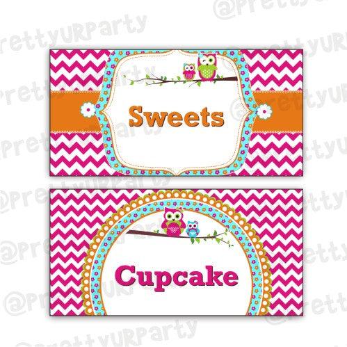 Girly Owl Food Labels / Buffet Table Cards THEME PARTIES Pretty UR Party Default Title