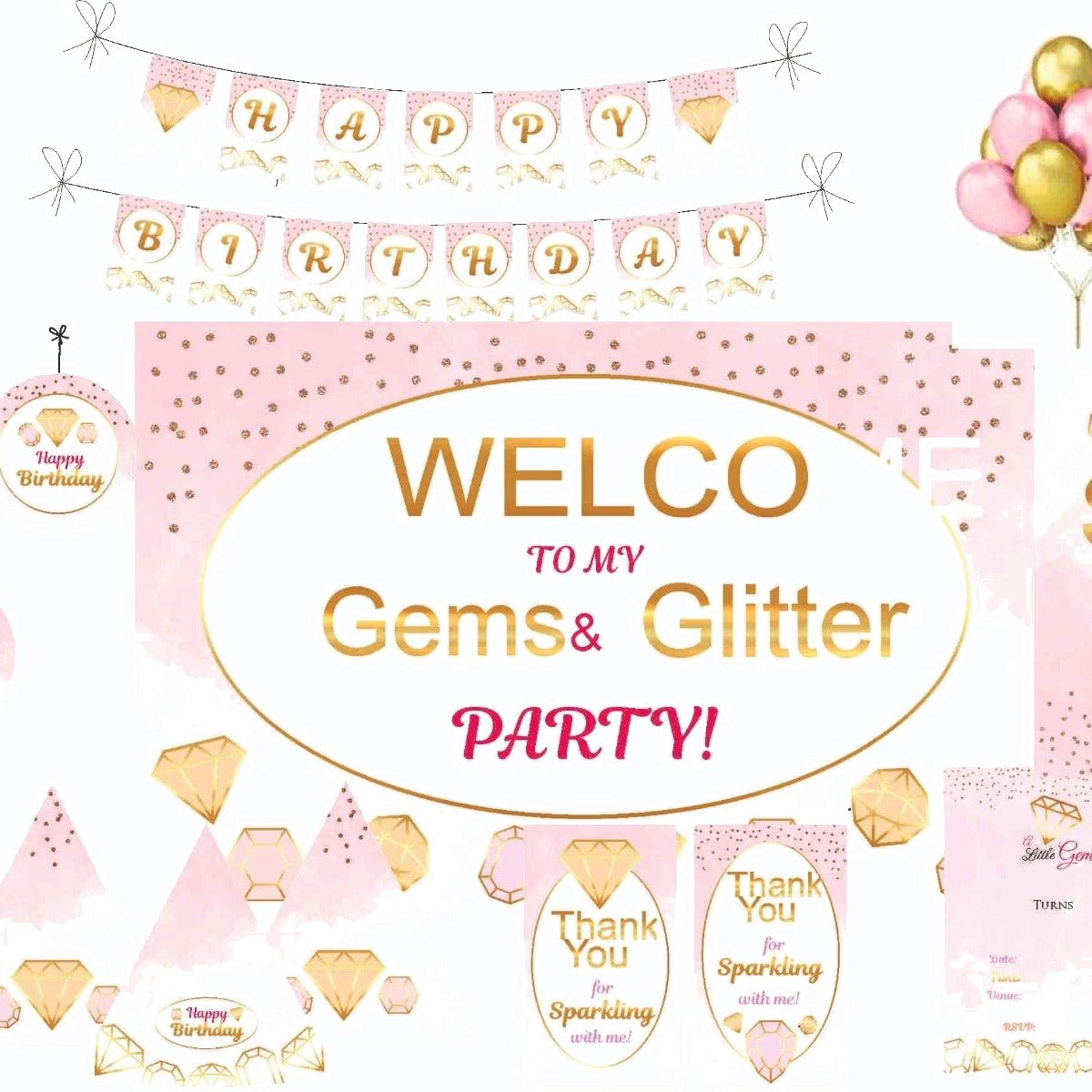 Gem and Glitter Party Decorations - 90 Pieces