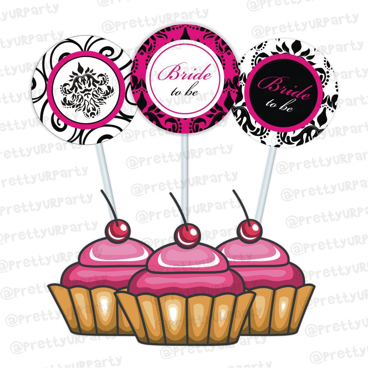Hot Pink Damask Theme Cupcake / Food Toppers BABY SHOWER Pretty UR Party
