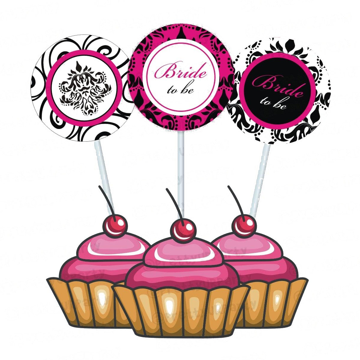 Hot Pink Damask Theme Cupcake / Food Toppers — image 2