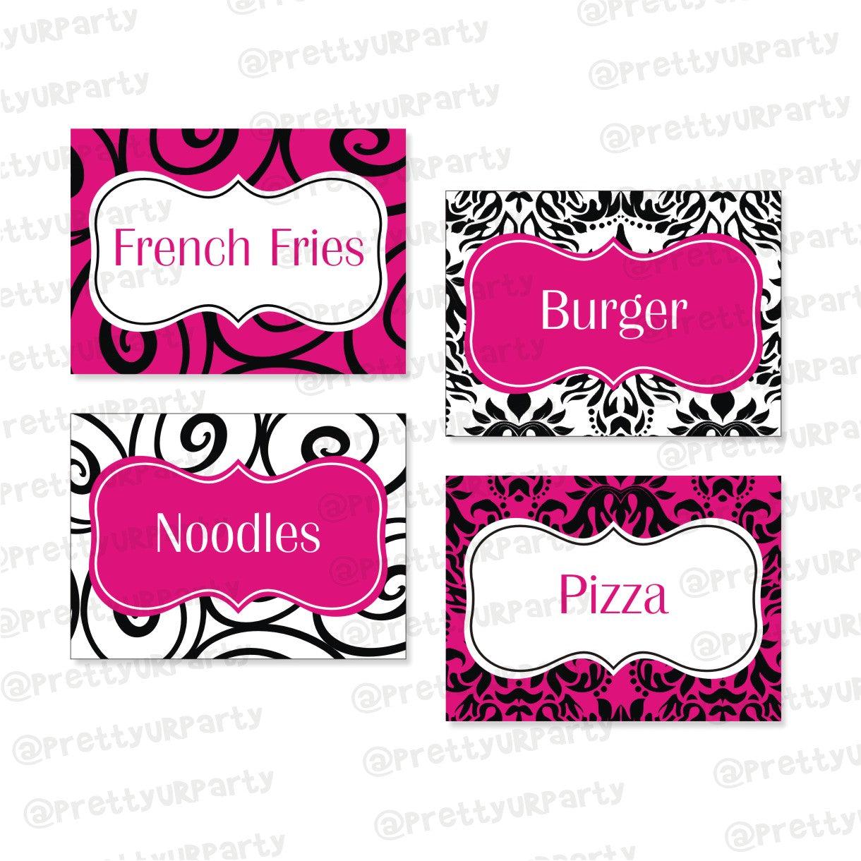 Hot Pink Damask Theme Food Labels / Buffet Table Cards BABY SHOWER Pretty UR Party Default Title