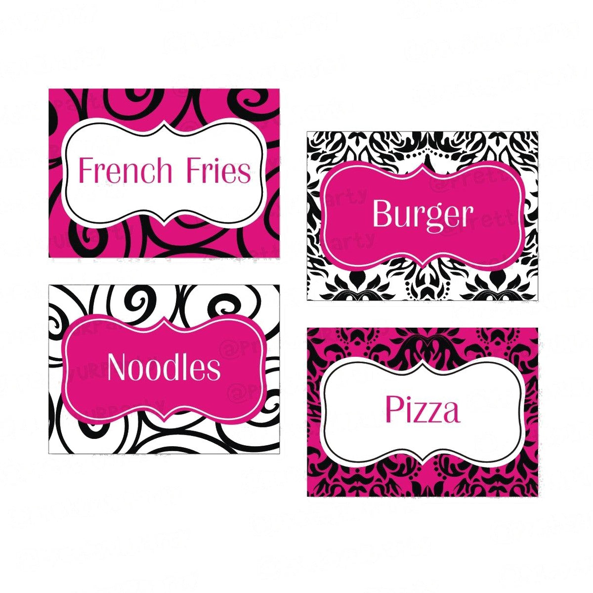 Hot Pink Damask Theme Food Labels / Buffet Table Cards