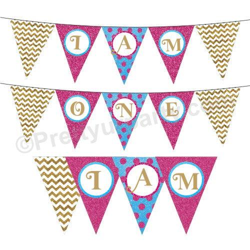 Glitter Pink and Blue I am One Bunting THEME PARTIES Pretty UR Party Default Title