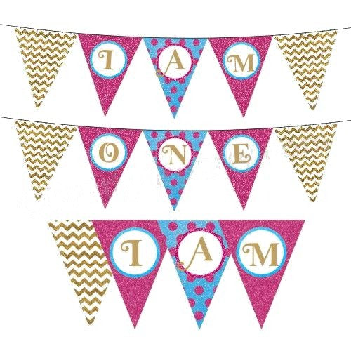 Glitter Pink and Blue I am One Bunting