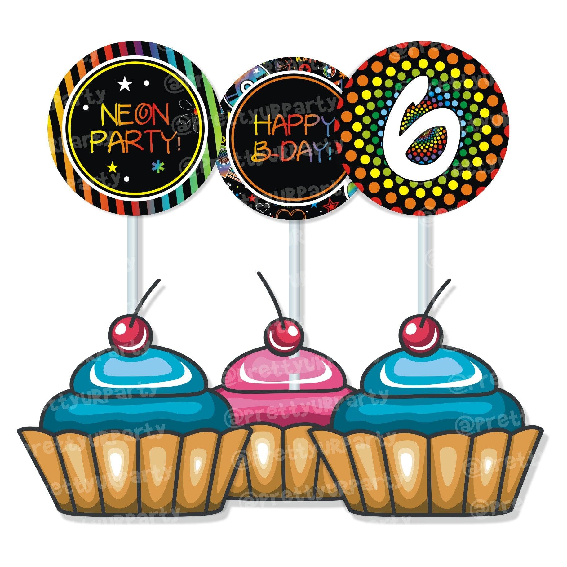 Neon Theme Cupcake / Food Toppers THEME PARTIES Pretty UR Party