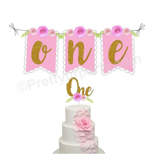 One Cake Topper and Bunting - Pink HANDCRAFTED Pretty UR Party