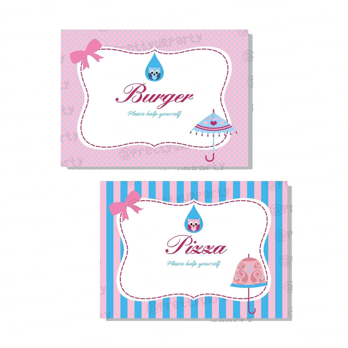 Pink and Blue Food Labels / Buffet Table Cards
