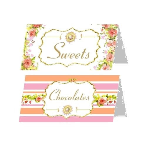 Pink and OrangeFloral Rakhi Food Labels / Buffet Table Cards