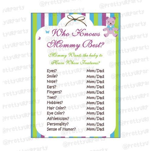 Green & Purple Who knows Mommy Best Game BABY SHOWER Pretty UR Party