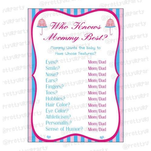 Pink & Blue Who knows Mommy Best Game BABY SHOWER Pretty UR Party
