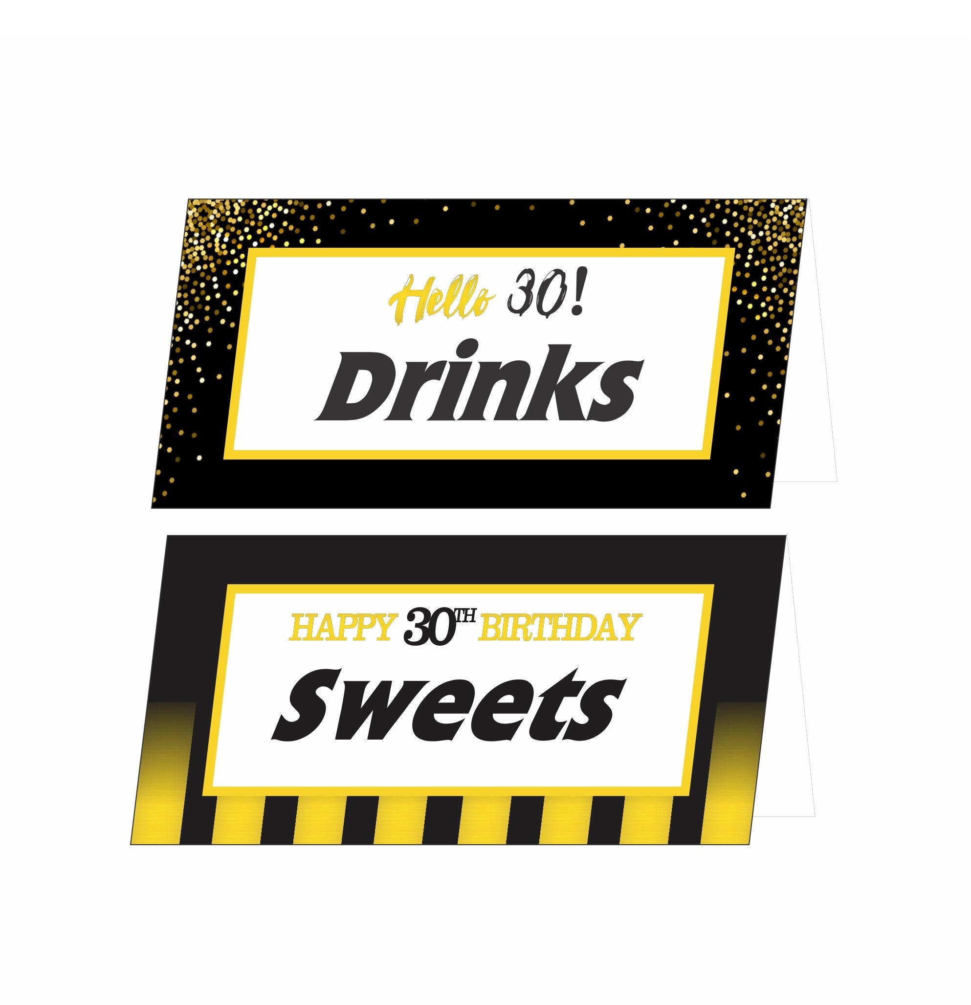 Gold and Black 30th Birthday Food Labels / Buffet Table Cards THEME PARTIES Pretty UR Party   