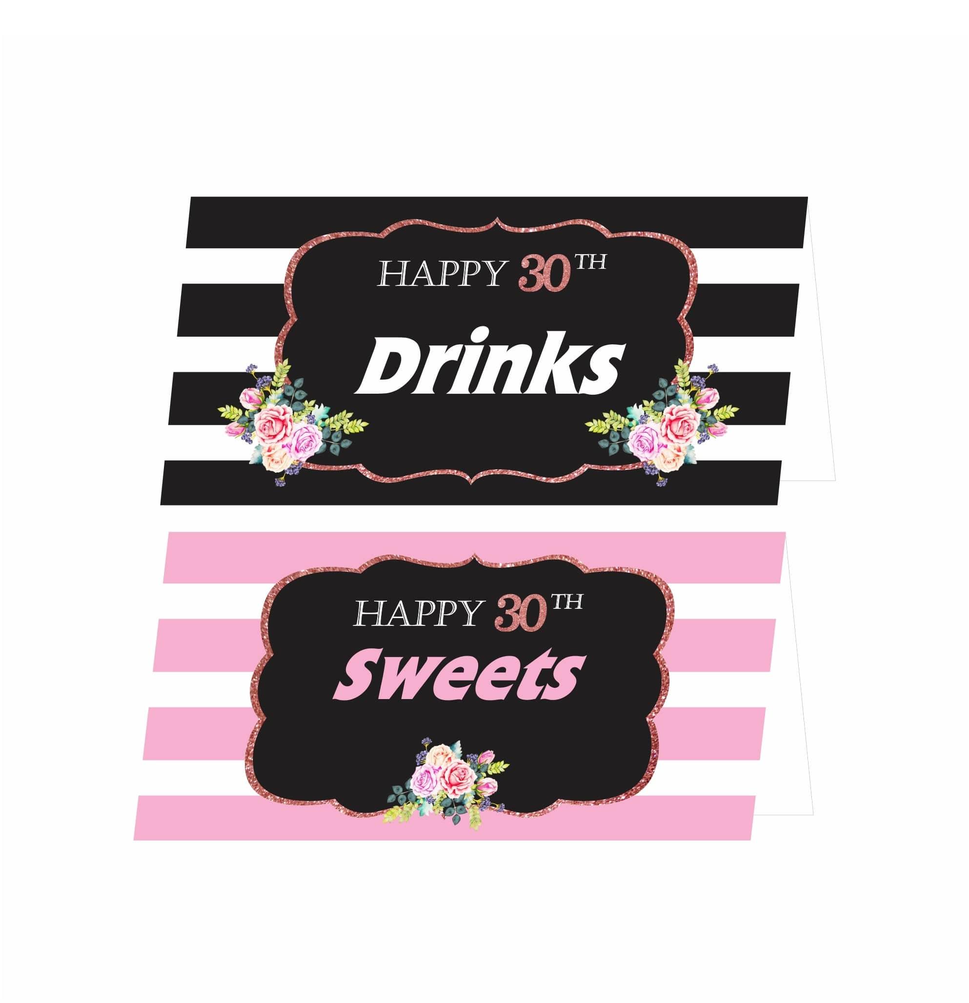 Pink and Black 30th Birthday Food Labels / Buffet Table Cards THEME PARTIES Pretty UR Party   