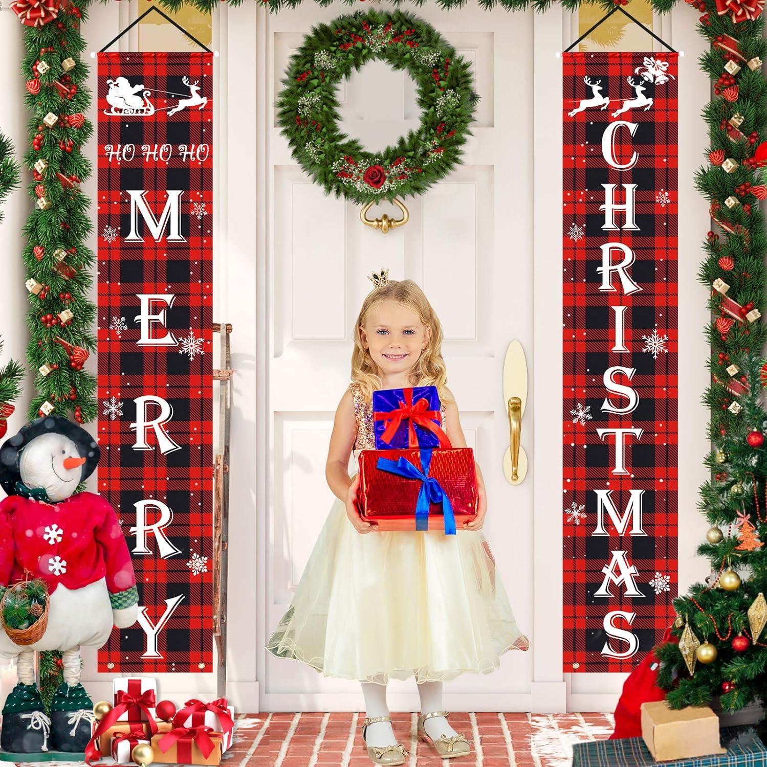 Christmas Door Banner Red Black Buffalo Plaid Sign Set Merry Christmas | Outdoor Yard & Front Porch | Indoor & Outdoor Xmas Decor for Home, Wall, Front Door - Pack of 2 pcs DECORATIONS Pretty UR Party