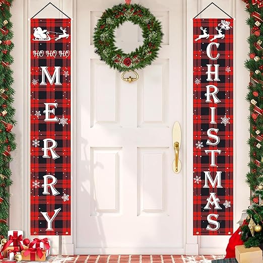 Christmas Door Banner| Red Black Buffalo Plaid Banner for Outdoors, Indoors Christmas PRETTY UR PARTY