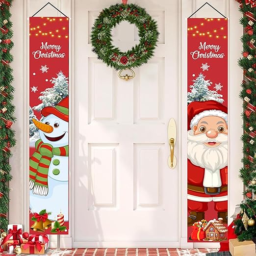 Christmas Door Banner| Santa Snowman Banner for Outdoors, Indoors Christmas PRETTY UR PARTY