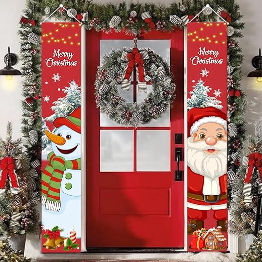 Christmas Door Banner| Santa Snowman Banner for Outdoors, Indoors Christmas PRETTY UR PARTY