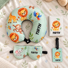 Personalised Animals theme travel set with neck pillow and eye mask, name printed on each piece