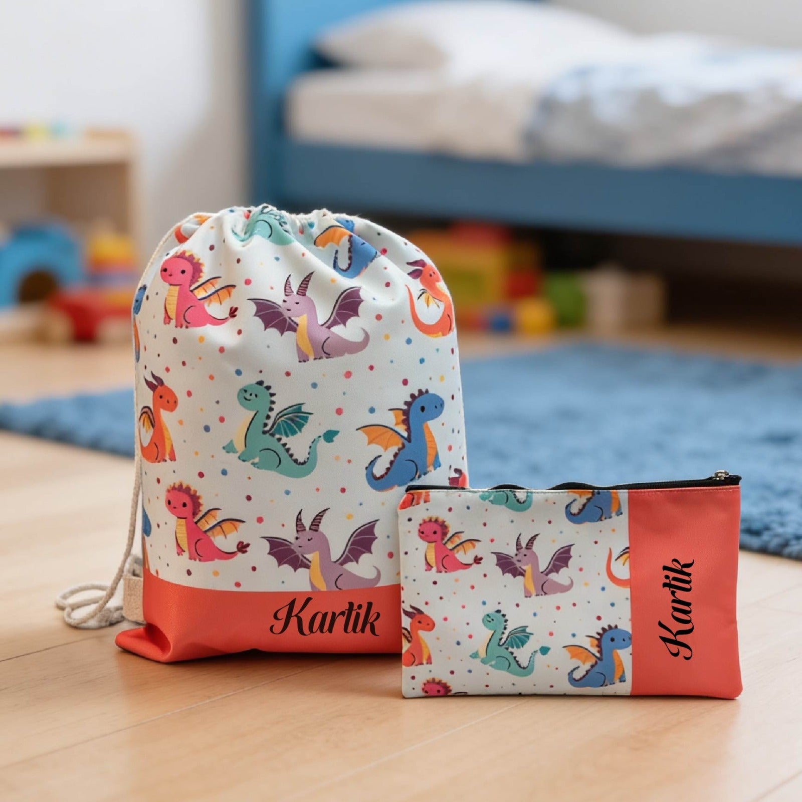 Personalised Kids Drawstring Bag with Pouch