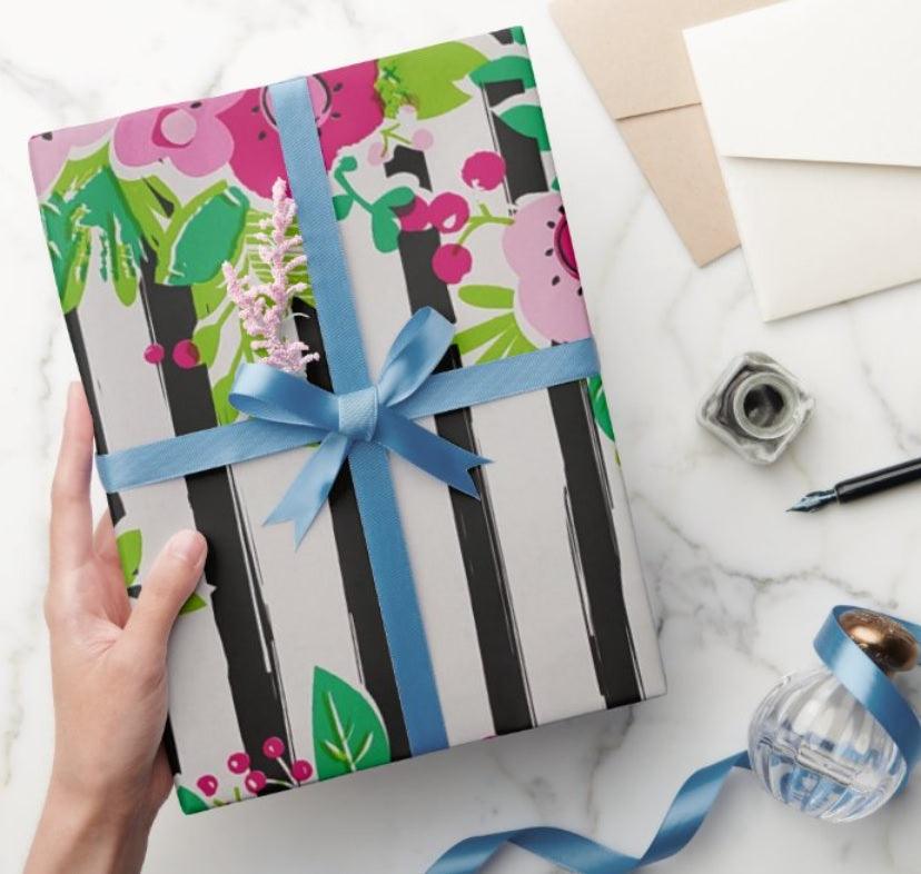 Black Stripes with Flowers Wrapping Paper (Pack of 5) ACCESSORIES Pretty UR Party   