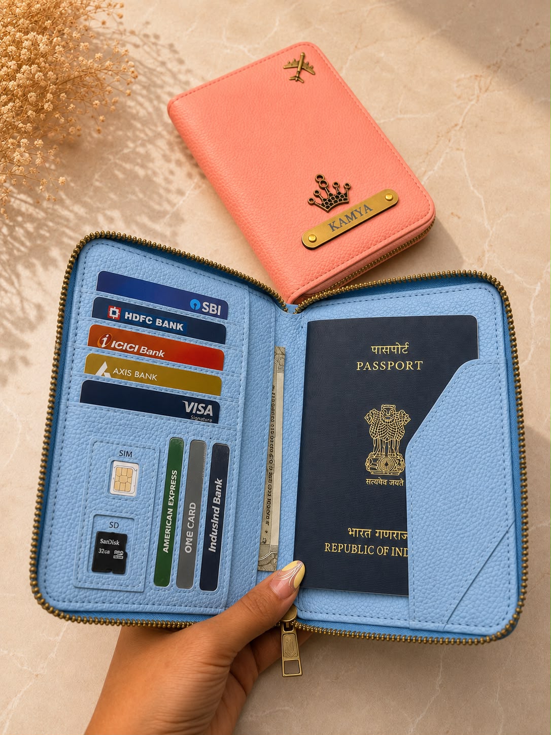 Personalised Passport Cover + Bhai Bhabhi Rakhi & Bracelet Combo