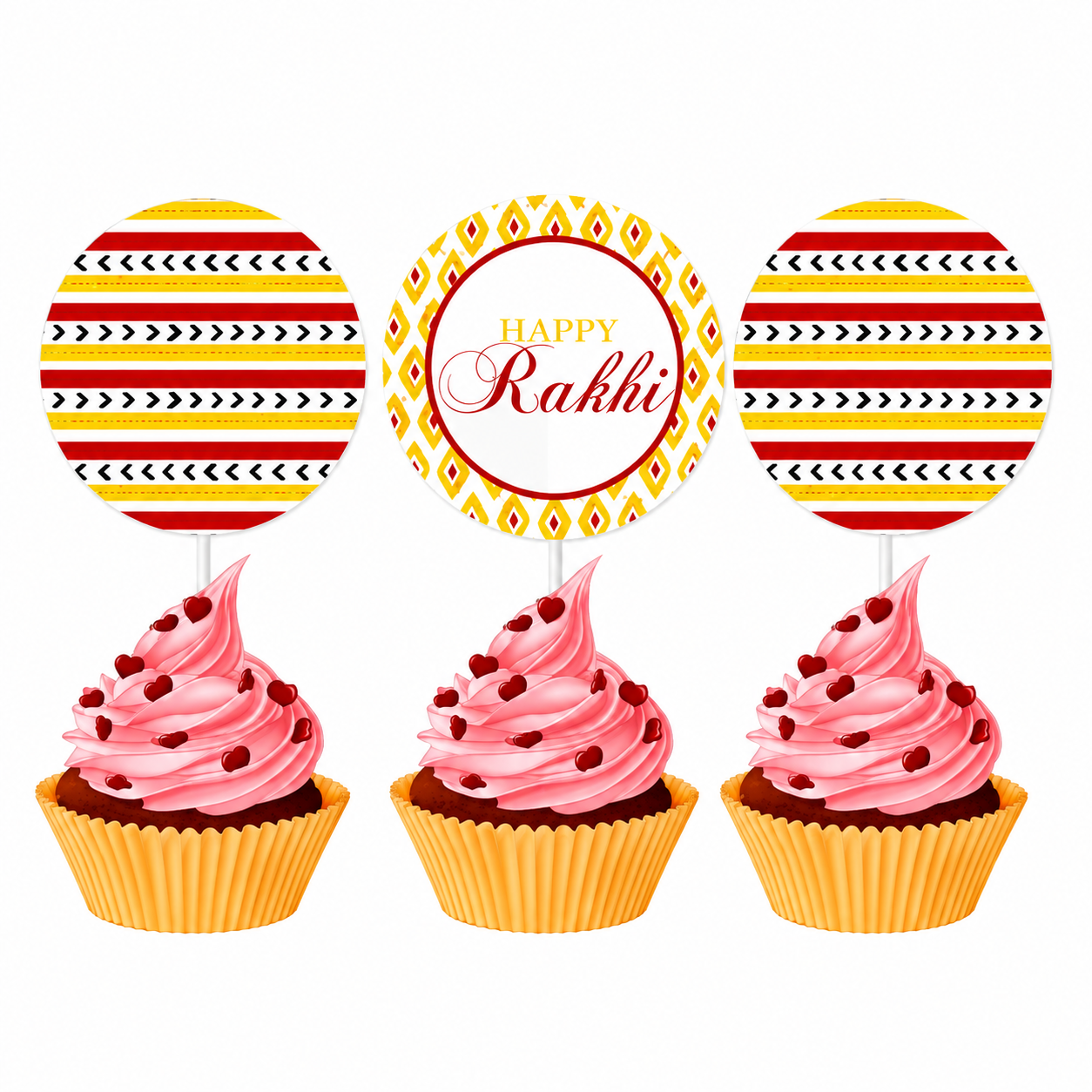 Red and Yellow Pattern Rakhi Cupcake Toppers