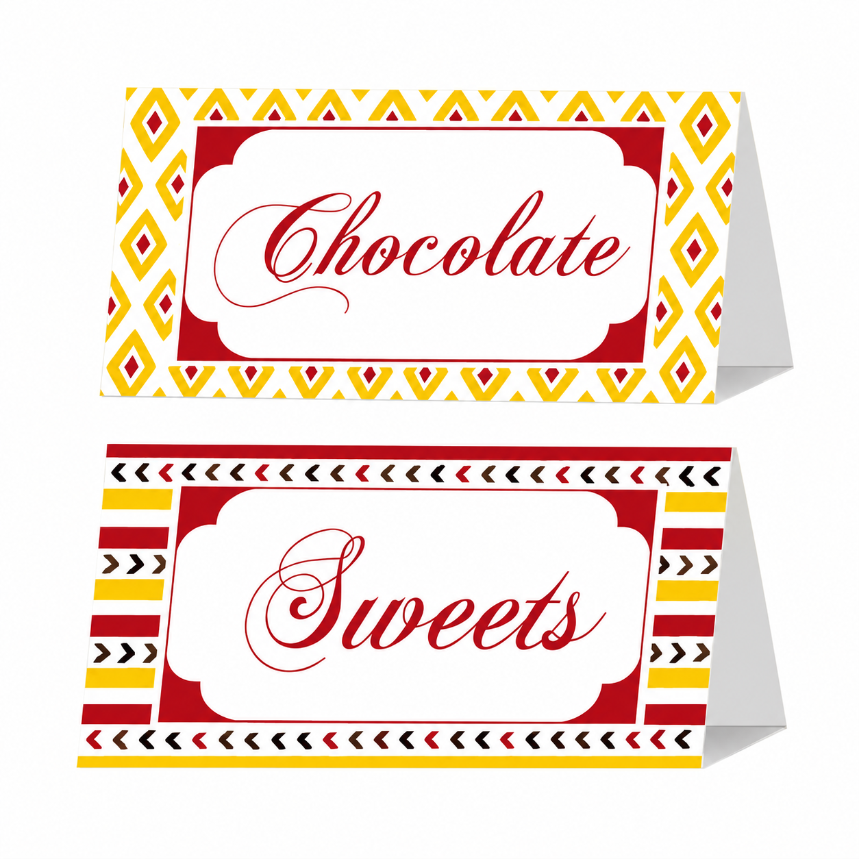 Red and Yellow Pattern Rakhi Food Labels / Buffet Table Cards