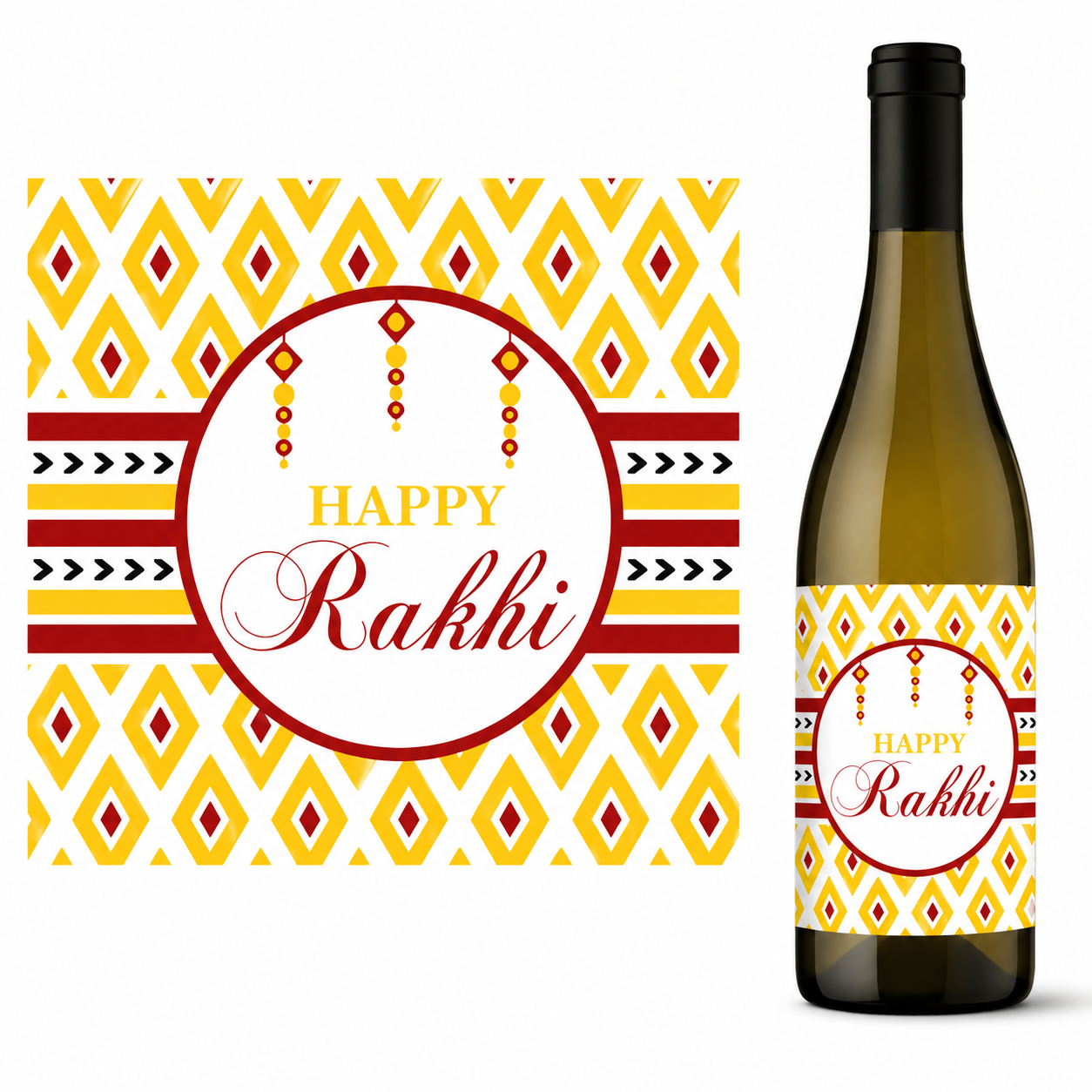 Personalised Red and Yellow Pattern Rakhi Champagne / Wine Label