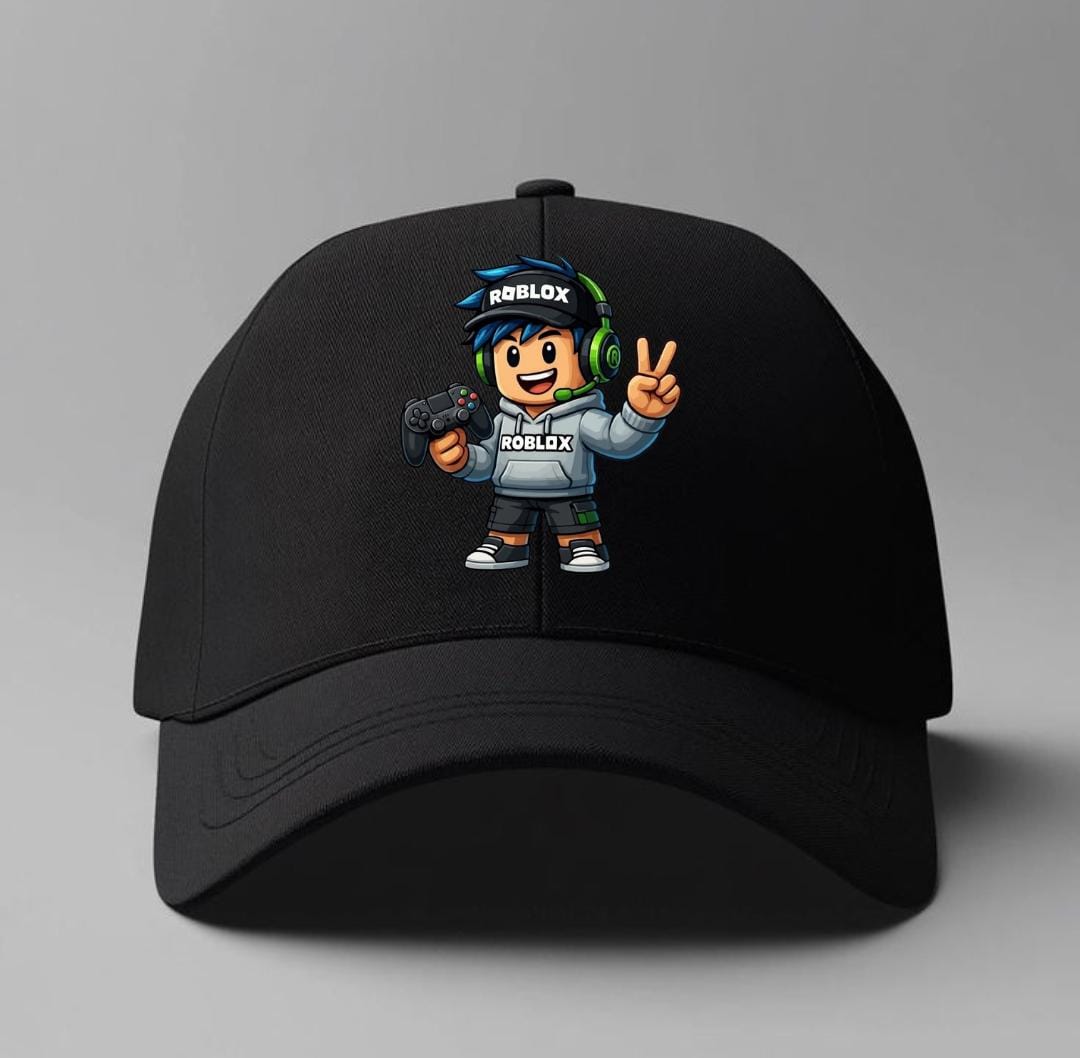 Black cap with a Roblox character design on a gray background