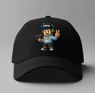 Black cap with a Roblox character design on a gray background