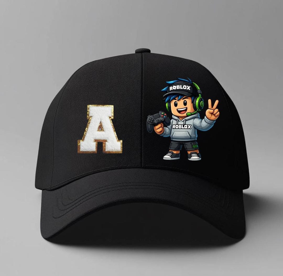 Black cap with 'A' logo and Roblox character on a gray background
