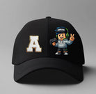 Black cap with 'A' logo and Roblox character on a gray background