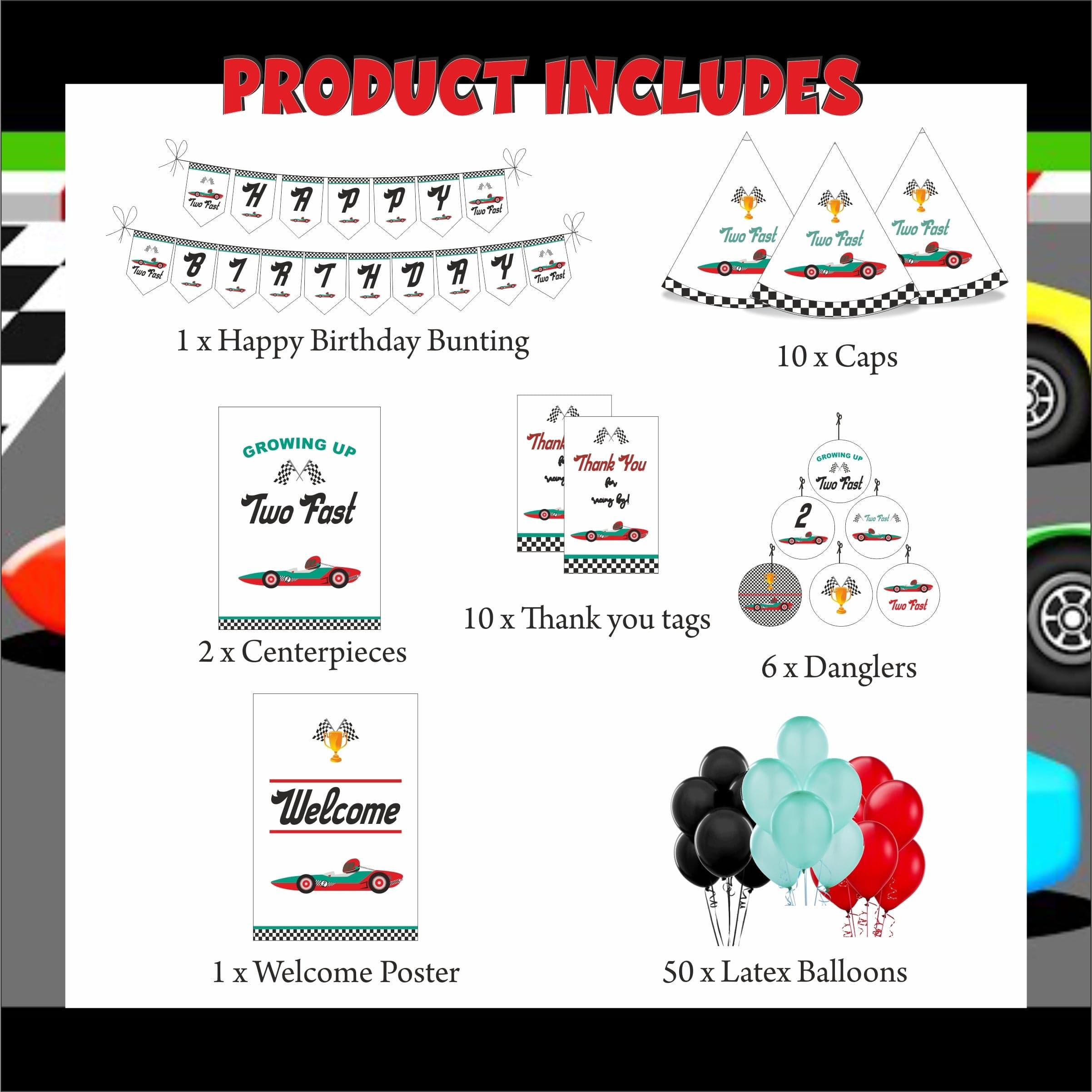 Two Fast theme Party Decorations Kit - 80 Pieces combo pack PACKAGES Pretty UR Party   