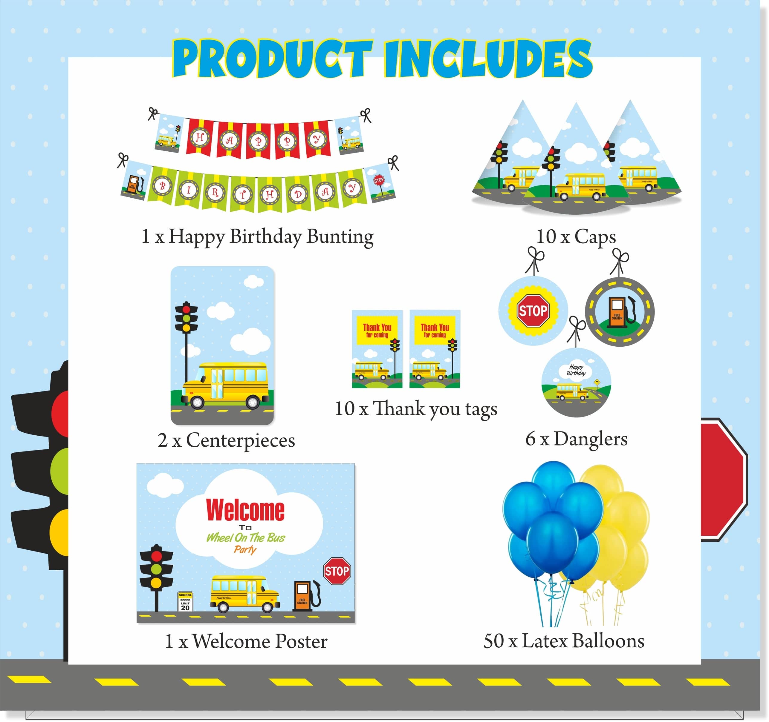 Wheels On The Bus Party Decorations - 80 pcs package THEME PARTIES Pretty UR Party   