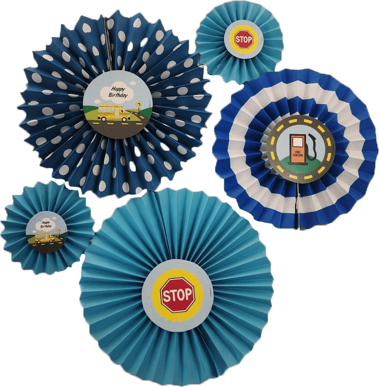 Wheels On The Bus Paper Fans - Set of 5 DECORATIONS Pretty UR Party   