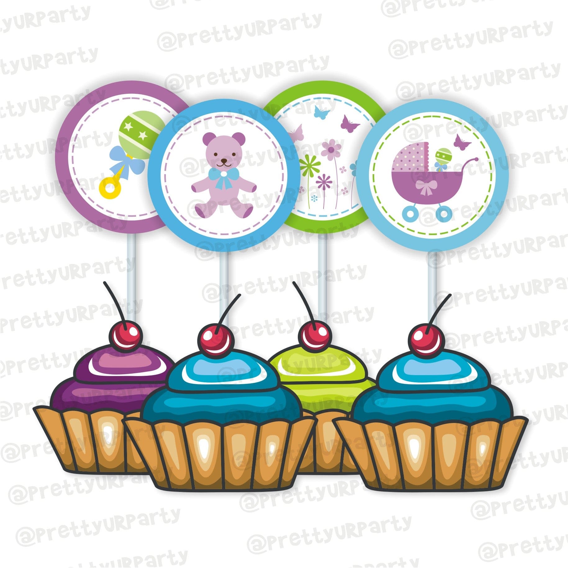 Purple and Green theme Cupcake Toppers BABY SHOWER Pretty UR Party   