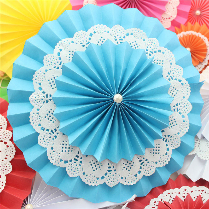 Blue Rosette Paper Fans with Doily ALL PARTY SUPPLIES Pretty UR Party   