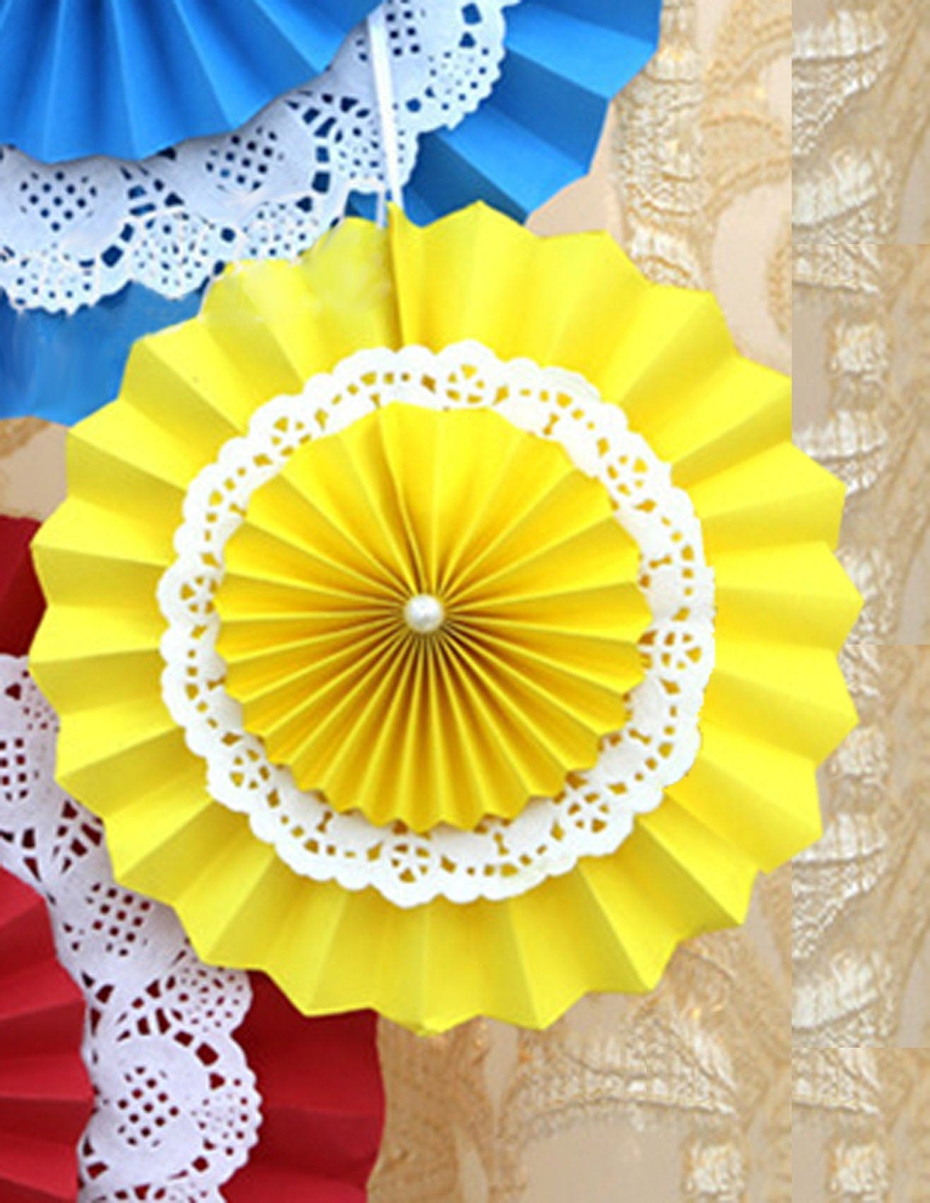 Yellow Rosette Paper Fans with Doily ALL PARTY SUPPLIES Pretty UR Party   